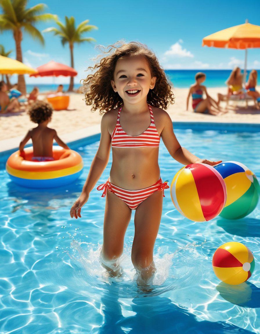 A cheerful scene depicting playful kids in vibrant swim outfits, enjoying a summer day. Include a sandy beach on one side and a lively pool party on the other, with colorful beach toys and inflatable floats. The children should be engaged in fun activities like splashing water, playing with beach balls, and building sandcastles, surrounded by bright sunlight and a clear blue sky. Add a playful, whimsical style to the overall image. vibrant colors. playful style. 3D.