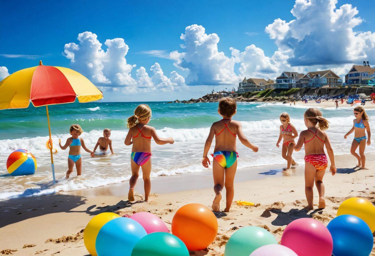 A vibrant beach scene filled with children playing in colorful and adorable swimwear, splashing in the waves, building sandcastles, and enjoying summer activities. Include beach balls, umbrellas, and seashells in the foreground, with a bright sun shining down and a few fluffy clouds in the sky. Capture the joy and excitement of summer, with a playful and light-hearted atmosphere. super-realistic. vibrant colors. summer theme.